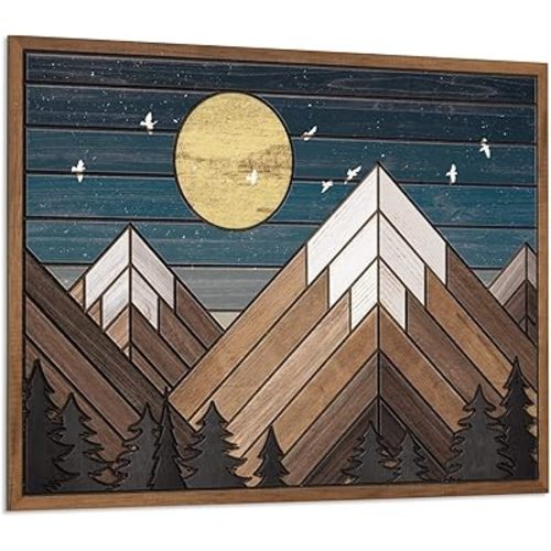 Putuo Decor Wooden Mountain Wall Art, Moon Over Mountain Nature Wilderness Wood Wall Sign Western Decor, Rustic Cabin Decor Adventure Wall Decor for Living Room Bedroom