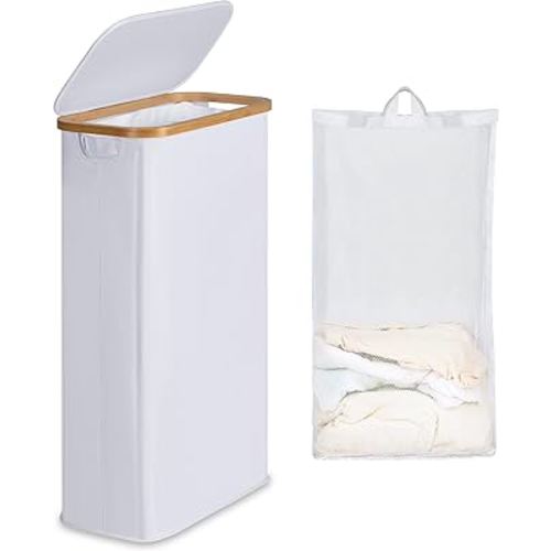 Slim Laundry Basket with Lid, Narrow Laundry Hamper with Removable Bag, Skinny Dirty Clothes Basket with Bamboo Handles for Bathroom, Bedroom & Laundry Room, 63L White