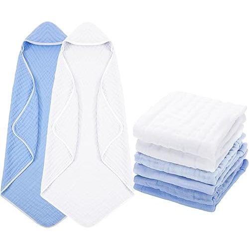 Peryiter 8 Pack Muslin Hooded Baby Bath Towels and Wash Cloth Set Soft Cotton Gauze Baby Hooded Bath Towel Baby Wipes Absorbent Bath Face Towels Burp Cloths Face Towels for Girl Boy (Blue Series)