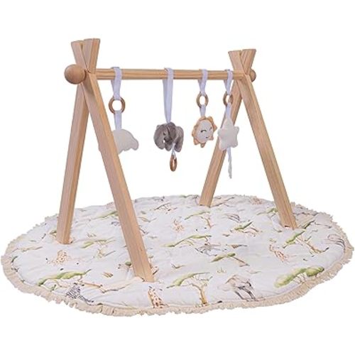 Premium Wooden Baby Gym with Washable Play Mat | FSC-Certified Montessori Activity Center | Sustainable Non-Toxic Play Gym for Baby Development 0-12 Months | Natural Wood Activity Center