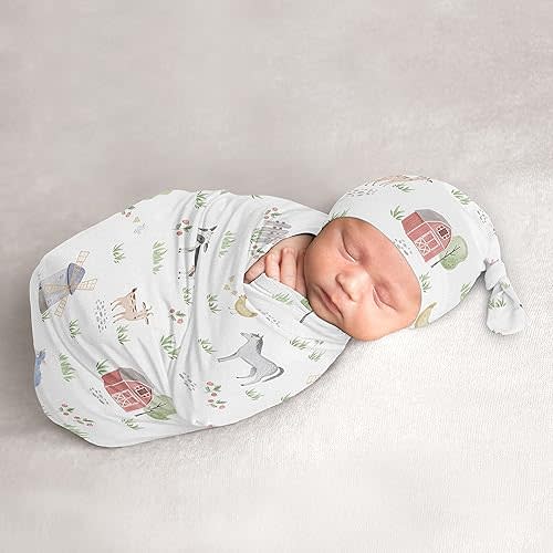 Sweet Jojo Designs Farm Animals Boy Girl Cocoon and Beanie Hat Set Jersey Stretch Knit Sleeping Bag for Infant Newborn Nursery Sleep Wrap Sack - Watercolor Farmhouse Horse Cow Sheep Pig Gender Neutral