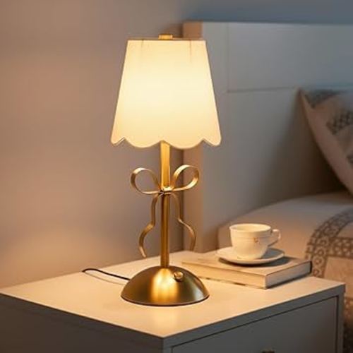 Small Bow Table Lamp,Small Desk Lamp with 3 Color,Touch Dimmable Bedsdie Lamps,Bow Lamp with Fabric Shade,LED Night Light for Girls Room Princess Room Décor