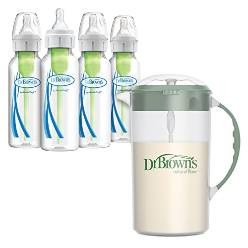 Dr. Brown's Baby Formula Mixing Pitcher 32oz, Olive with Anti-Colic Options+ Narrow Baby Bottles, 4 Pack, 8 oz