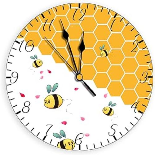 ArogGeld Kids Wall Clock 10 Inch The Bumblebee Honey Silent Non Ticking Quartz Battery Operated Decorative Bee Wooden for Baby Girl Boy Living Room Bedroom School Office Nursery Classroom