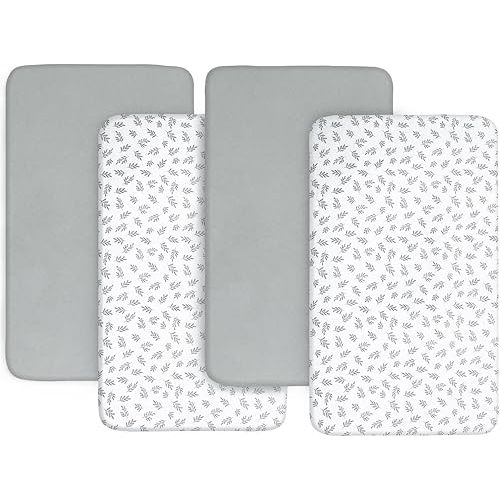 4-Pack Fitted Bassinet Sheets Compatible with Baby Delight, Maxi COSI Iora, Dream On Me Skylar and Other Rectangle Bassinet Bedside Sleeper Mattress, Ultra Soft and Breathable, Grey Leaf