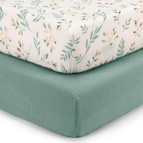 Blissful Diary Muslin Crib Sheets for Girl Boy, Boho Neutral Soft Cotton Baby Sheet for 52''x28'' Standard Crib Mattress, 2 Pack(Roman Green&Leaf)