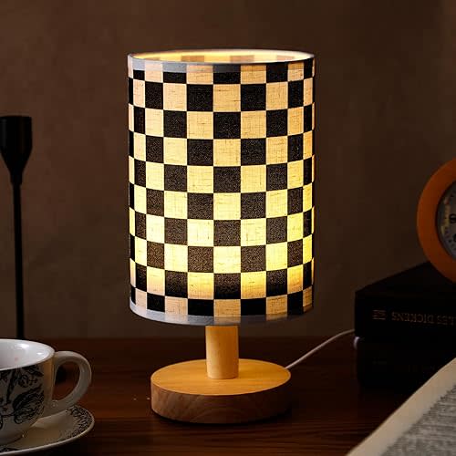Bedside Lamp for Bedroom Black White Checkered Table Lamp with USB Racing Birthday Party Gifts Wood Base Round Flaxen Fabric Shade for Desk Living Room Office Classroom