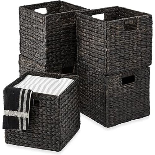 Best Choice Products 13x13in Hyacinth Baskets, Rustic Set Of 5 Multipurpose Collapsible Storage Organizer, Handwoven Laundry Totes for Bedroom, Living Room, Shelves - Black