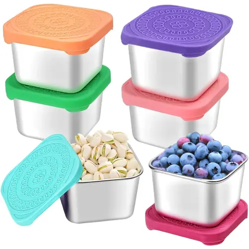6Pack 6oz Stainless Steel Snack Containers for Kids, Easy Open Leak Proof Metal Toddler Snack Containers with Silicone Lids, Stackable Metal Toddler Lunch Box for Daycare, School and Travel