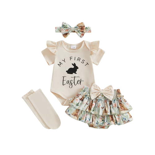 BemeyourBBs Baby Girl Easter Outfit My First Easter Romper Bunny Ruffle Skirt Set Dress Headband Socks Newborn Cute Spring Summer Clothes