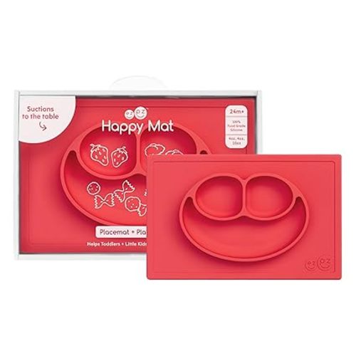 ezpz Happy Mat - 24 Months+ (Coral) - 100% Silicone Suction Plate with Built-in Placemat for Toddlers + Preschoolers - Divided Toddler Plates - Toddler Essentials…