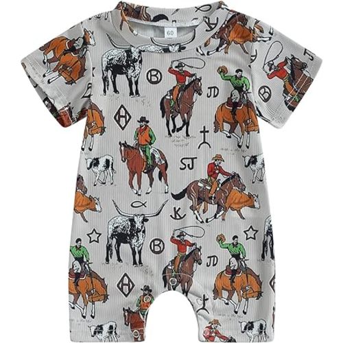 Gueuusu Country Baby Clothes Boy Girl Western Cow Print Short Sleeve Romper Bodysuit Ribbed One Piece Jumpsuit Summer Outfit
