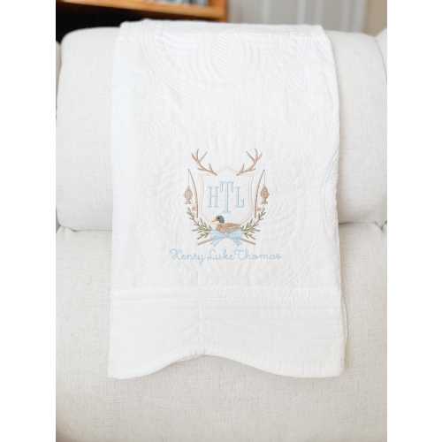 Personalized Embroidered Heirloom Quilt | Hunting Crest | Baby Shower Gift | Buck and Duck Frame | Monogrammed Newborn Gift