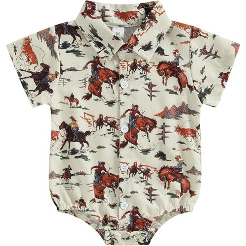 Kayotuas Western Baby Boy Clothes Cowboy Shirt Romper Long/Short Sleeve Button Down Dress Bodysuit Infant Gentleman Outfits
