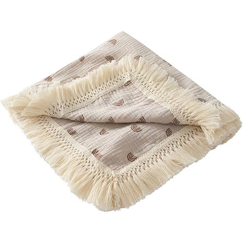 Cotton Baby Muslin Tassles 40"x 47", Baby Receiving Blanket with Fringe, Boho Muslin Swaddle Blanket with Fringe- Earth Rainbow…