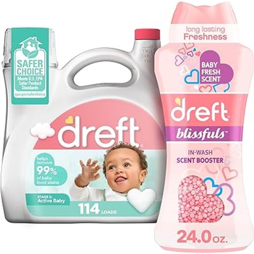 Bundle of Dreft Stage 2: Active Baby Liquid Laundry Detergent 114 Loads 165 fl oz + Blissfuls In-Wash Scent Booster Beads, Baby Fresh Scent, 24 oz