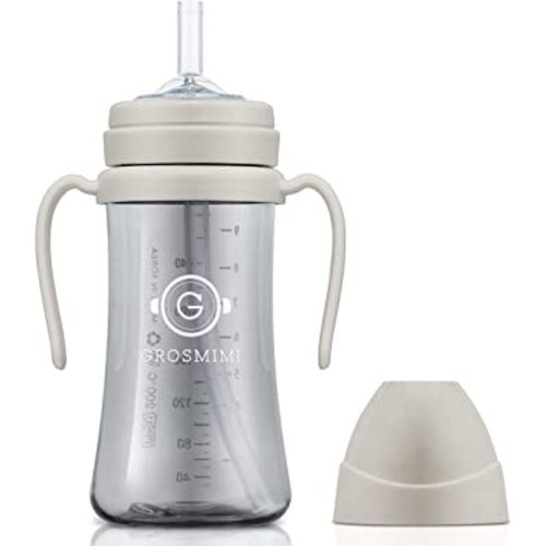 GROSMIMI Spill Proof no Spill Magic Sippy Cup with Straw with Handle for Baby and Toddlers, Customizable, PPSU, BPA Free 10 oz (Beige)