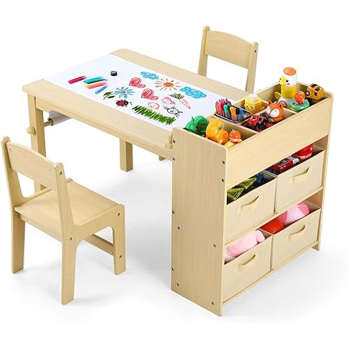 Arlopu Kids Art Table and 2 Chairs Set, Large Size Toddler Wood Activity Table, Sturdy Drawing Desk with Large Storage, 4 Bins, Paper Roll for Children Painting, Reading