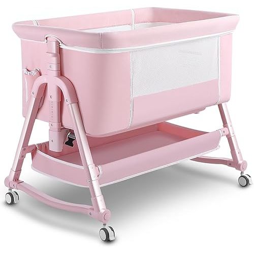 4 in 1 Bedside Bassinet for Baby, Portable Baby Bassinet with Wheels, Baby Crib with Mosquito Net, Storage and Mattress Included, Foldable Travel Bassinet for Baby/Newborn (Pink)