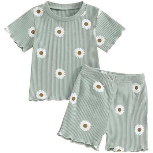 Kupretty Toddler Baby Girl Summer Clothes Ruffle Ribbed Knit Short Sleeves T-Shirt Tops + Shorts Cute Outfits Set