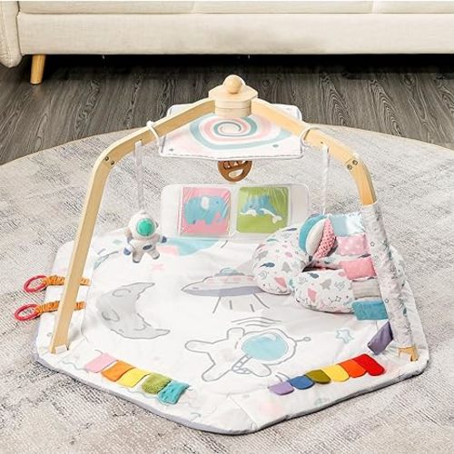 Woodtoe Baby Play Gym Wooden Baby Gym, Montessori Tummy Time Playmats with Natural Wooden Legs, Early Development Activity Gym, Newborn Gift for Infant to Toddler, 0-12 Months