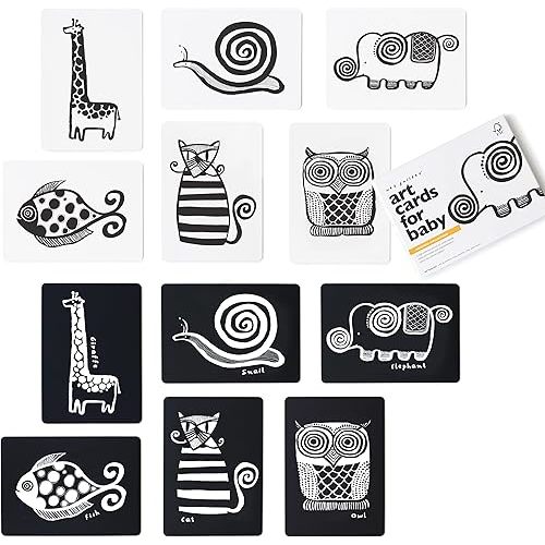 Wee Gallery Black and White Animal Art Cards for Babies, Durable High Contrast Vision Cards, Brain Development Educational Learning Tool for Newborn, Infant, Baby, Toddler - Original Animals