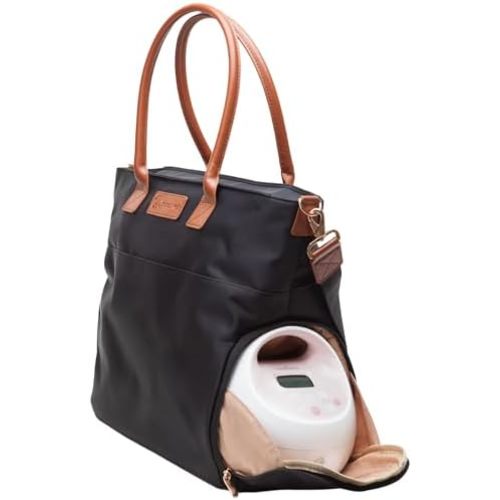 Abby Breast Pump Tote with Real Leather Straps – Stylish Pumping Bag with Insulated Pockets, Laptop Storage & Easy-Clean Interior – Professional Breast Pump Bag for Work & Travel (Black)