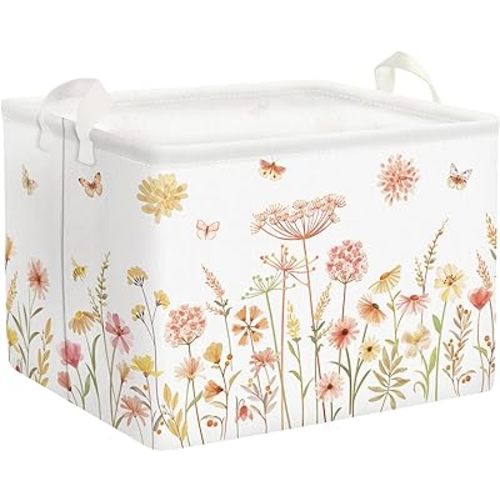 Clastyle Boho Flower Nursery Basket Fall Wildflower Floral Dandelion Storage Bin Plant Butterfly Baby Girl Gift Basket Rectangle Clothes Towel Basket Book Toy Chest