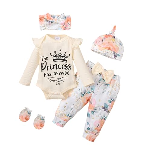 Sinhoon Newborn Baby Girl Clothes Hello I'm New Here Letter Romper+Floral Pants+Hat+Headband+Coming Home Outfits