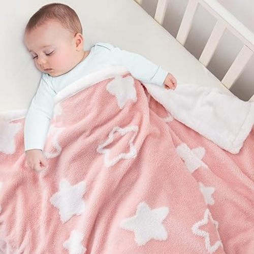 Baby Blanket for Toddlers, Reversible Star Jacquard Ultra Soft Shaggy Fleece Swaddle Receiving Cozy Double-Sided Nursery Bed Blanket for Unisex Baby Infants Stroller Crib Bedding, 33x43 Inches, Pink