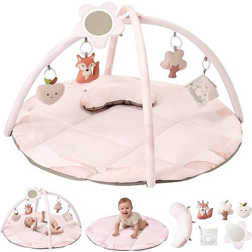 Fortella Baby Play Gym & Activity Mat, Machine Washable & Foldable Tummy Time Mat with 5 Detachable Toys, Certified Safe Newborn Essentials Gift for Baby Registry 0-12 Months (Rose Pink)