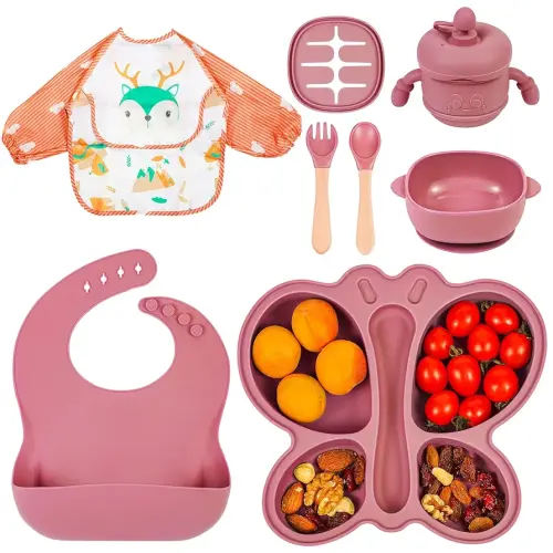 Silicone Baby Feeding Set, Baby Led Weaning Supplies, Silicone Suction Butterfly Plate, Bowl, Spoons, Fork and Waterproof Bib & Cloth Bib, Eating Utensils Baby Feeding Essentials (Pink)