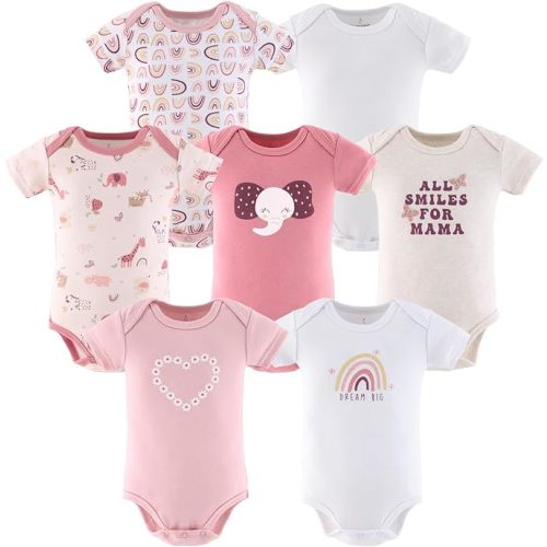 The Peanutshell Baby Bodysuits for Girls, Short Sleeve 7 Pack, Newborn to 24 Months, Rainbow Safari