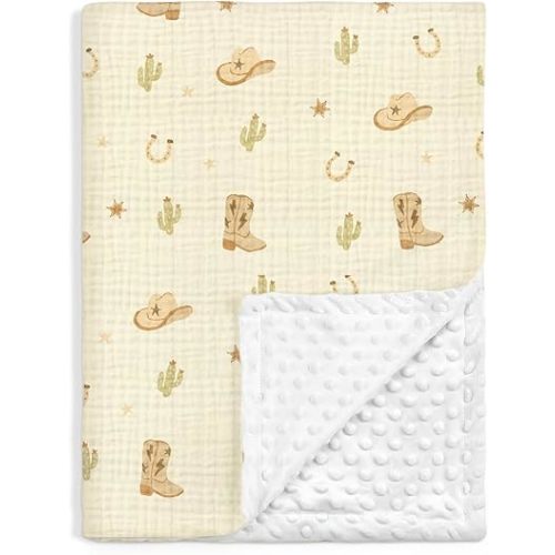 SANDJEST Cowboy Minky Muslin & Dotted Blanket 30x40 in Gift for Holiday, Gender Reveal Party, Hospital Visit, Baptism