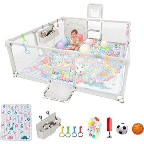 Playpen for Babies and Toddlers,73"x71"Baby Playpen with Mat Indoor＆Outdoor with Breathable Play Pen with Ocean Balls Hanging Pocket Basketball Hoop and Football Goal (Lighr Grey with Mat, 73"x71")