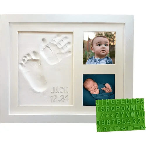 Baby Hand & Footprint Frame Keepsake Kit | Capture Milestone Moments with Safe Clay, Stencil Set & Wood Frame | Perfect Newborn Gift for Baby Showers | White
