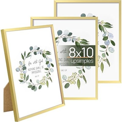 upsimples 8x10 Picture Frame Set of 3, Made of High Definition Glass for 8 x 10, Wall and Tabletop Display Thin Border Photo Frames for Home Décor, Gold