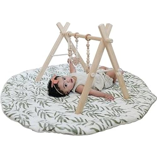 Modern Wooden Baby Play Gym for Babies 0-12 Months Cognitive & Motor Skills Foldable Infant Play Gym with Hanging Toys Wood Play Gym Unisex Nursery Décor (Natural Wood, Macrame Toys)