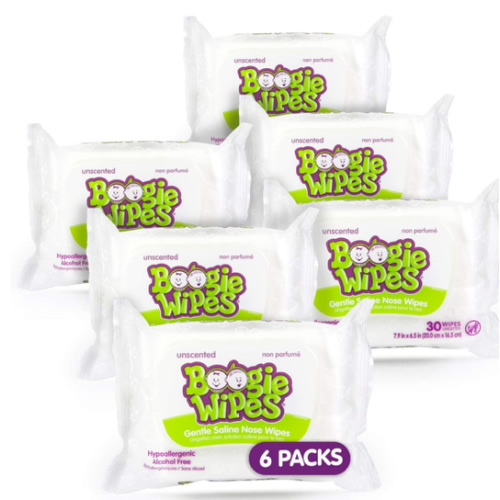 Saline Nose Wipes by Boogie, for Baby & Kids, Face, Hand & Body, FSA/HSA Eligible, Made with Vitamin E, Aloe, and Natural Saline, Unscented, 30 Count (Pack of 6)