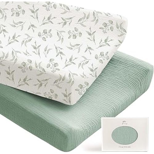 Konssy 2 Pack Muslin Changing Pad Covers for Boys, Ultra Soft & Breathable Cotton Baby Diaper Changing Table Covers, Neutral Nursery Diaper Changing Pad Sheets (Green, Green Leaves)