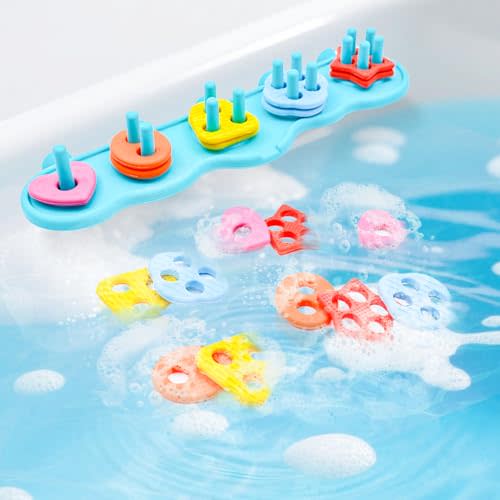 Sorting & Stacking Toy Bath Toy, Shape Sorter Toys for Bathtub, Montessori Color Recognition Stacker, Early Educational Block Puzzles for Kids (Blue)
