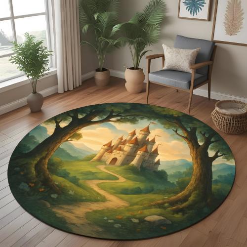 Fairytale Castle Rug: Whimsical Round Carpet With Forest Path And Enchanted Castle, Cozy Fantasy Decor For Kids Or Storybook Lovers