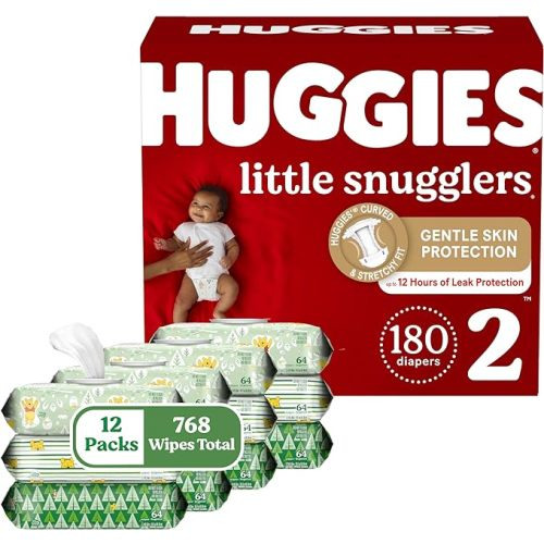 Huggies Little Snugglers Diapers & Wipes Bundle: Huggies Little Snugglers Size 2 Baby Diaper, 180ct & Huggies Natural Care Sensitive Wipes, Unscented, 12 Packs (768 Wipes Total) (Packaging May Vary) - Size 2 (180 count) + Wipes