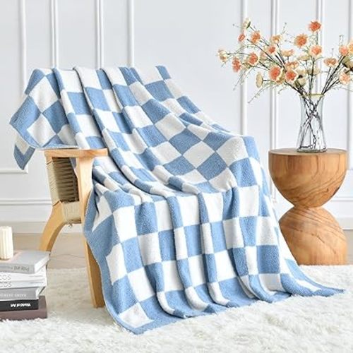 Xiashrk Checkered Throw Blanket for Couch, Checkerboard Blankets for Sofa Bed, Cozy Checkered Decorative Travel Blanket for Living Room Camping, Blue, 50"x60"