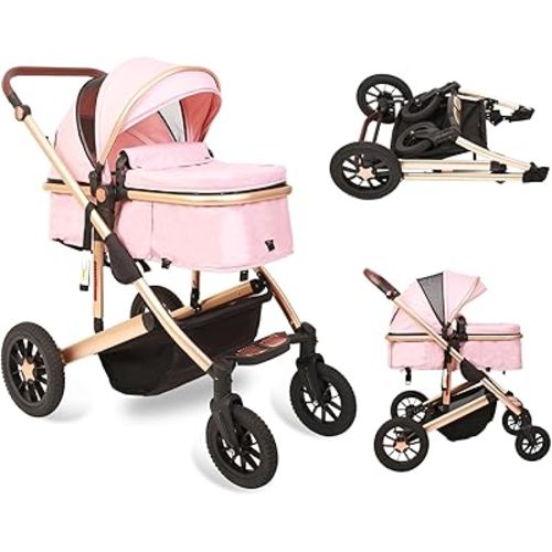 High View Baby Stroller with True Pram Mode, One Hand Fold, with Aluminum Frame, Large Seat Area, Multi-Position Recline, Extra Large Storage Basket(Color:Pink)