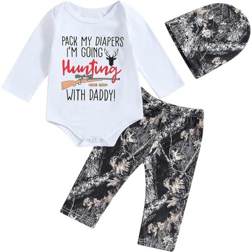 Newborn Baby Boys Long Sleeve Letters Deer Romper Bodysuit Tops Camo Pants with Hat 3 Pcs Outfit Clothes Set