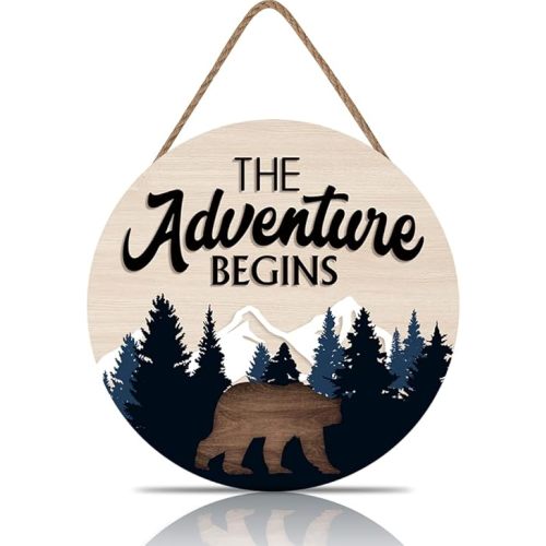The Adventure Begins Wooden Hanging Sign,Woodland Nursery Decor,Bear Mountain Inspirational Quotes Wooden Plank Sign For Home Cabin Decor,Forest Camping Sign (12”X 12”)
