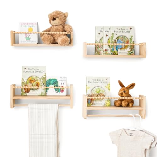 Nursery Floating Book Shelves for Wall (Set of 4) - Space-Saving Design Stores Reading Books, Toys, Keepsakes, First Milestone Moments | Pine Wood Shelf Organizer for Baby, Toddler, Kids Bedroom