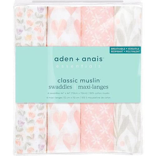 aden + anais Essentials Swaddle Blanket, Boutique Muslin Blankets for Girls & Boys, Baby Receiving Swaddles, Ideal Newborn & Infant Swaddling Set, Perfect Shower Gifts, 4 Pack, Piece of My Heart