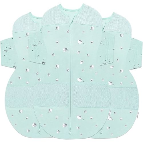Happiest Baby SNOO Sleep Sack - 100% Organic Cotton Baby Swaddle Blanket - Doctor Designed Promotes Healthy Hip Development - 3-Pack Bundle (Teal Planets, S, M, L) - Regular Bundle (S, M, L)